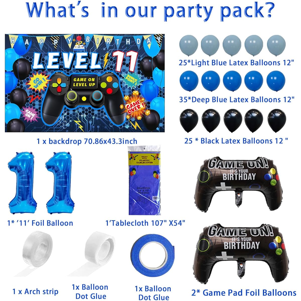 Vlipoeasn 90 Pieces 11th Birthday Video Game Party Decorations for Boys Blue 11th Birthday Supplies 11 Year Old Video Game Background Balloons Tablecloth Gamer 11 Pieces Foil Balloons for 11th Birthday Party