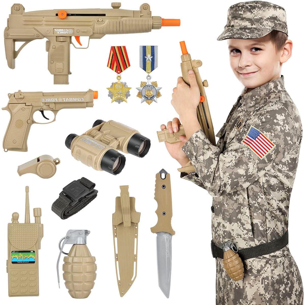 GIFTINBOX Army Costume for Kids Soldier Dress Up Role Play Set Deluxe Christmas Gift for Boys Ages 3-10