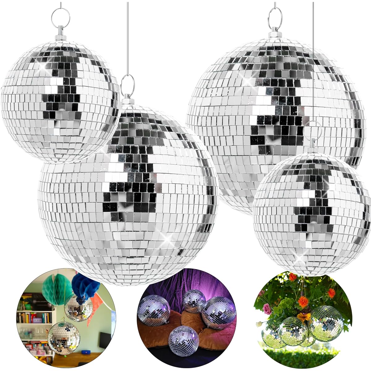 SPARKLINGBALLS - Set of 4 Large Silver Disco Balls - 2 8" Mirror Balls and 2 6" Mirror Balls - Large Hanging Disco Ball Home Decoration - Small Funky Disco Ball Bulk Party Decorations