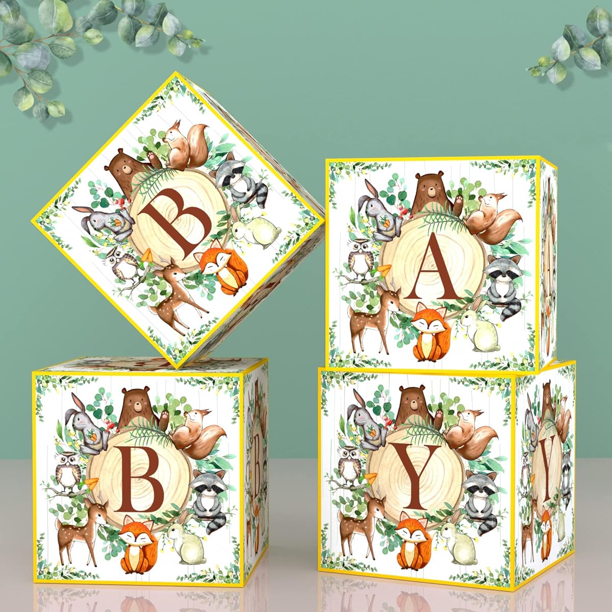 Woodland Baby Shower Display Box Party Decorations, Neutral Gender Revelation Supplies, Woodland Animals Baby Stacking Blocks Backdrop with Letters for Boy Girl Birthday Party