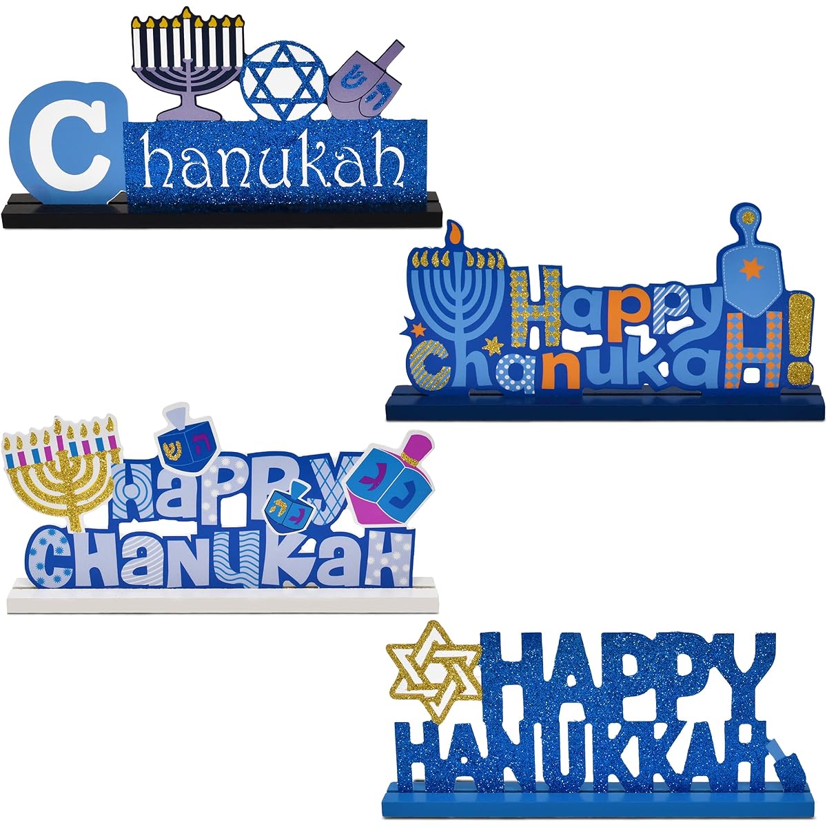 Happy Hanukkah Table Topper Decorations Set of 4 Menorah Star of David Festival Candle Centerpiece Wooden Sign Jewish Desk Shelf Display Holiday Home Party Supplies Decorations