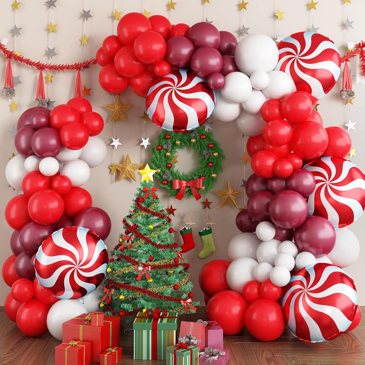 Christmas Balloon Garland Kit 122 Pieces Christmas Balloon Arch Kit Red White Burgundy Latex Helium Christmas Balloons with Candy Foil Balloons Christmas Balloon Set for Christmas Party Decorations