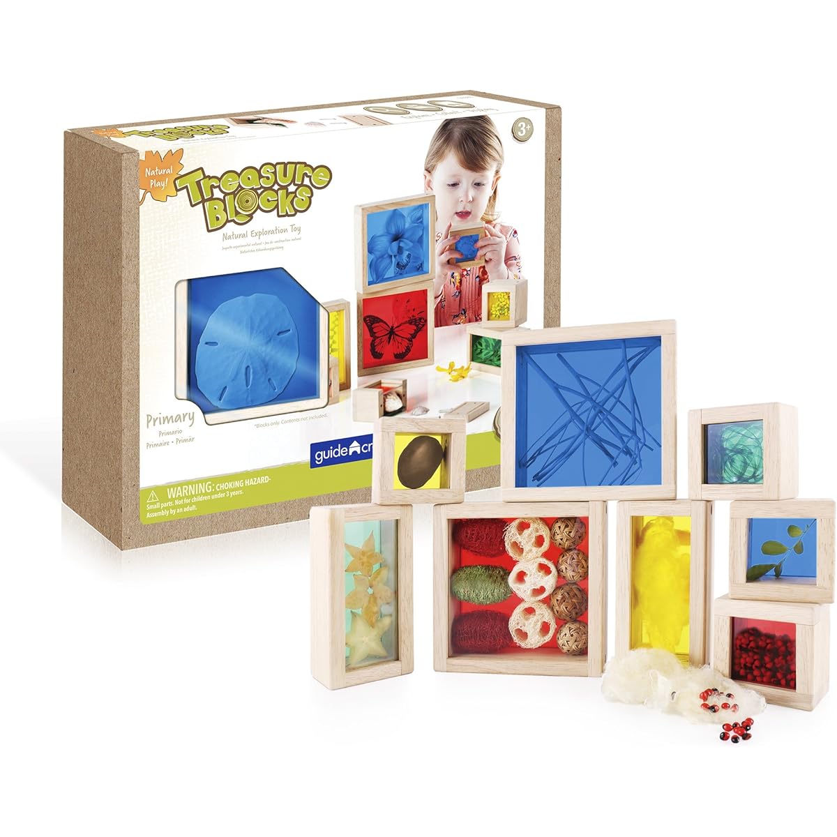 Guidecraft Treasure Blocks - Primary: Smooth Wooden Observation Stacking Blocks with Transparent Windows Educational Toys for Children