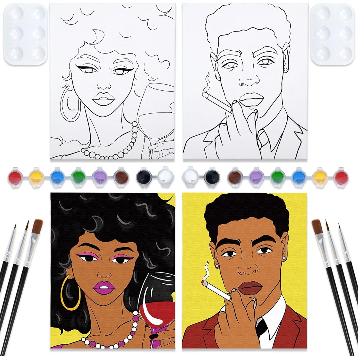 VOCHIC SIP & PAINT KIT Pre-Drawn Canvas Couples Painting Party Kit Paint Art Set with Outline Canvas for Adults Date Night Games Couples Paint Art Set Valentine's Day 2 Pack (8 x 10)