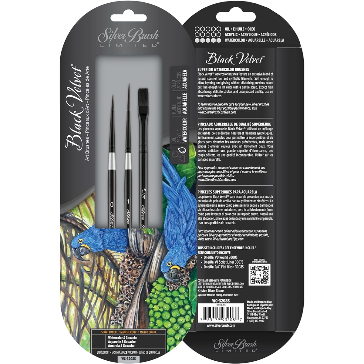 Silver Brush Limited WC-3208S Black Velvet Basic Stroke Variety Set 3 Watercolor Brush Set Round Size 0 Script Liner Size 1 Flat Square Wash Size ¼ Short Handle