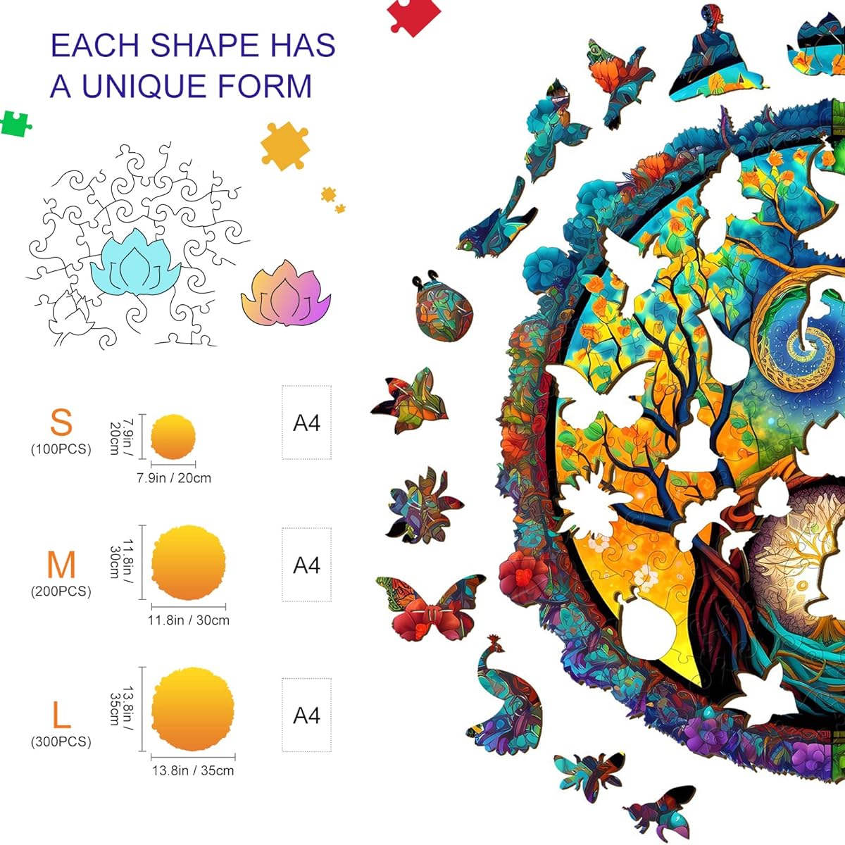KAAYEE Wooden Jigsaw Puzzle - Wooden Puzzle for Adults Unique Shapes Advanced Yin Yang Wooden Jigsaw Puzzle for Adults Challenging Unique Shapes Jigsaw Puzzle 13.8 x 13.8 Inch 300 Pieces