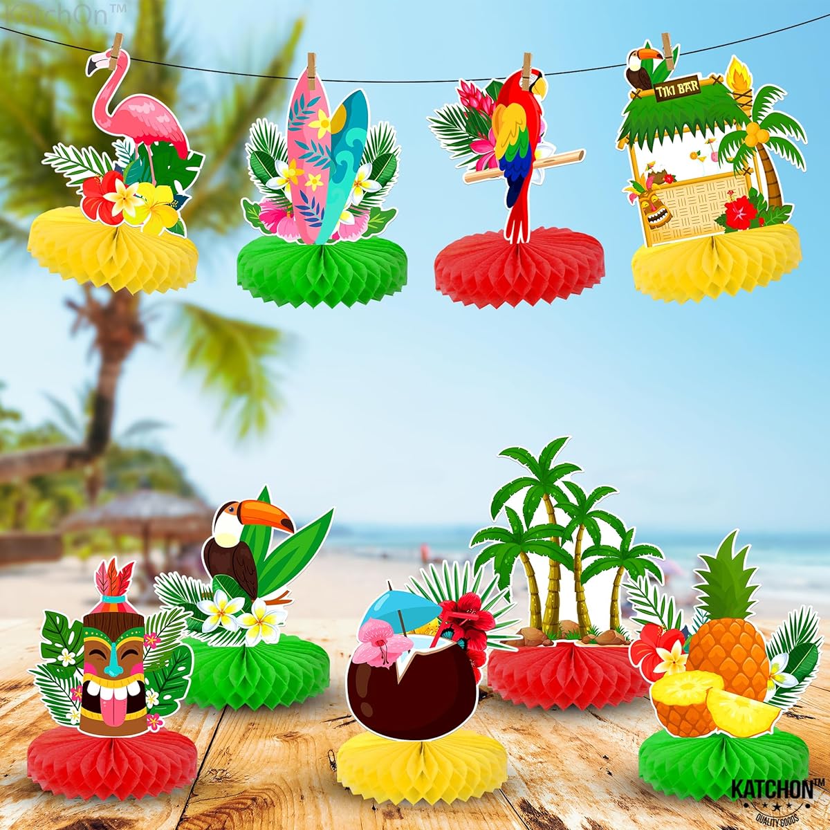 Tropical Hawaiian Honeycomb Centerpieces - Pack of 9 Hawaiian Party Decorations | Hawaiian Table Decorations | Hawaiian Centerpieces for Tables Aloha Decorations | Tiki Themed Party Decorations