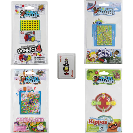 World's Smallest Miniatures Classic Kids Games Bundle - Hungry Hungry Hippos - Chutes & Ladders - Candy Land - Connect 4 with Bonus Miniature Playing Cards for Travel & Family Game Night Fun