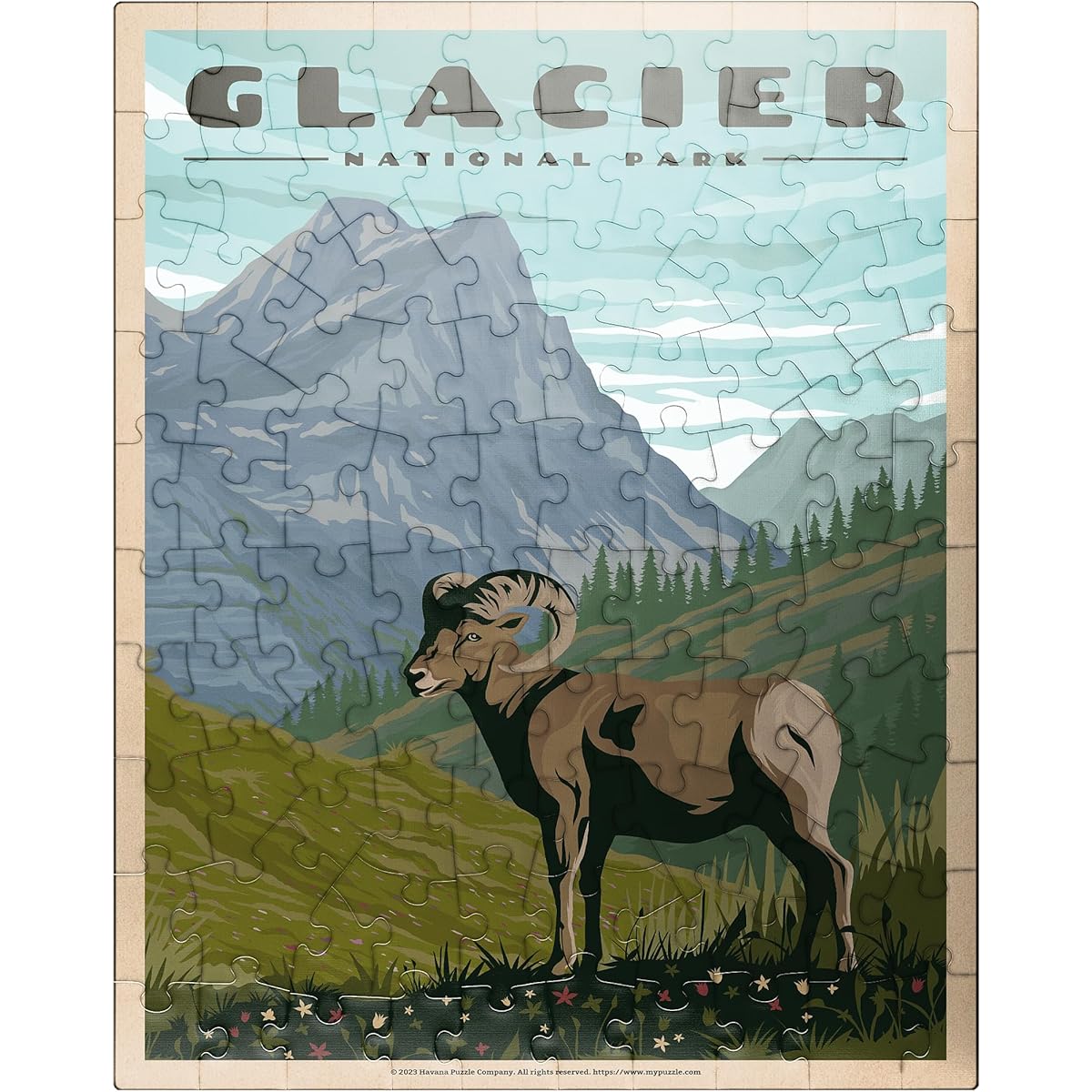 Glacier National Park - The Bighorn Sheep Roam, Vintage Travel Poster - Premium 100 Piece Jigsaw Puzzle for Adults