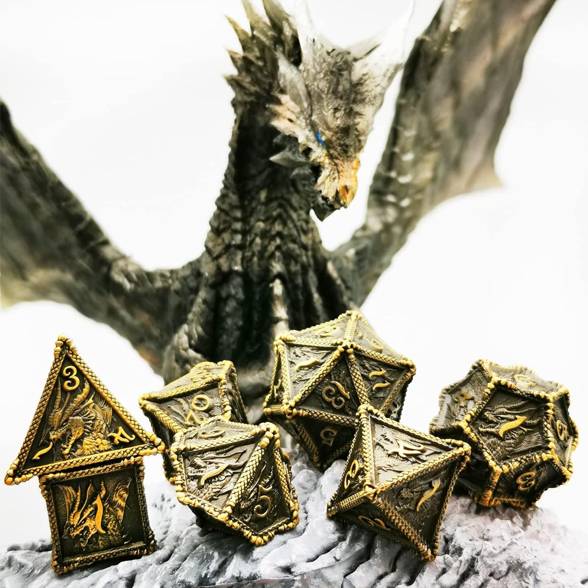 HAOMEJA Dice DND Metal Dragon Set Dice 7 Role Playing Dice D&D Solid Dice Dungeons & Dragons (Ancient Brass)