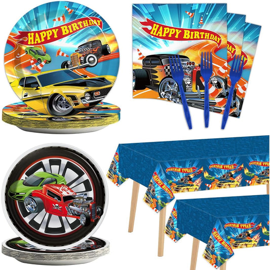 98 Pieces Racing Car Party Decorations Hot Car Tableware Set Racing Car Plates Napkins Table Cloth Party Supplies Kit Kids Boys Race Birthday Table Cover Tableware Party Favors 24 Guests