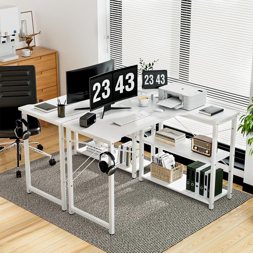 kukeimaru L-shaped computer desk, width 110cm, corner game desk with storage shelf and display shelf, home office computer desk, study desk, white, right shelf