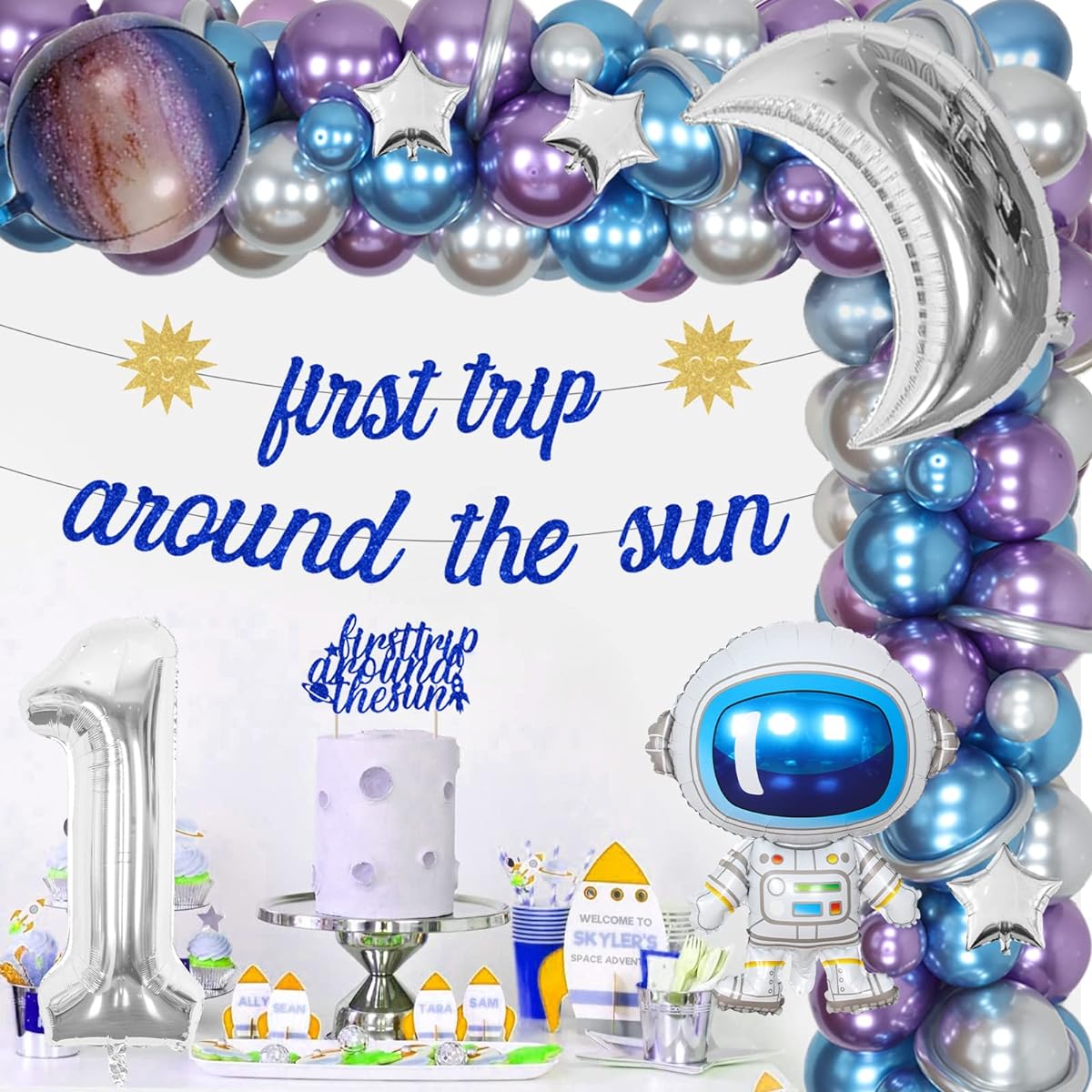 Outer Space First Birthday Decorations for Boys First Journey to the Sun Birthday Decorations Balloon Garland Arch Kit Banner Cake Topper Astronaut Rocket Balloons First Birthday Party Supplies