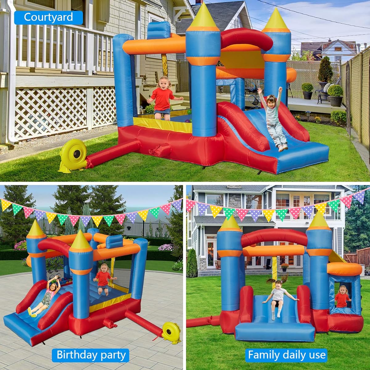 Inflatable Bounce House for Kids with Slide Jump Castle, Blower Basketball Rim, Ocean Ball Pit, Carry Bag Repair Kit, Stake Hose (Includes 680W Blower)