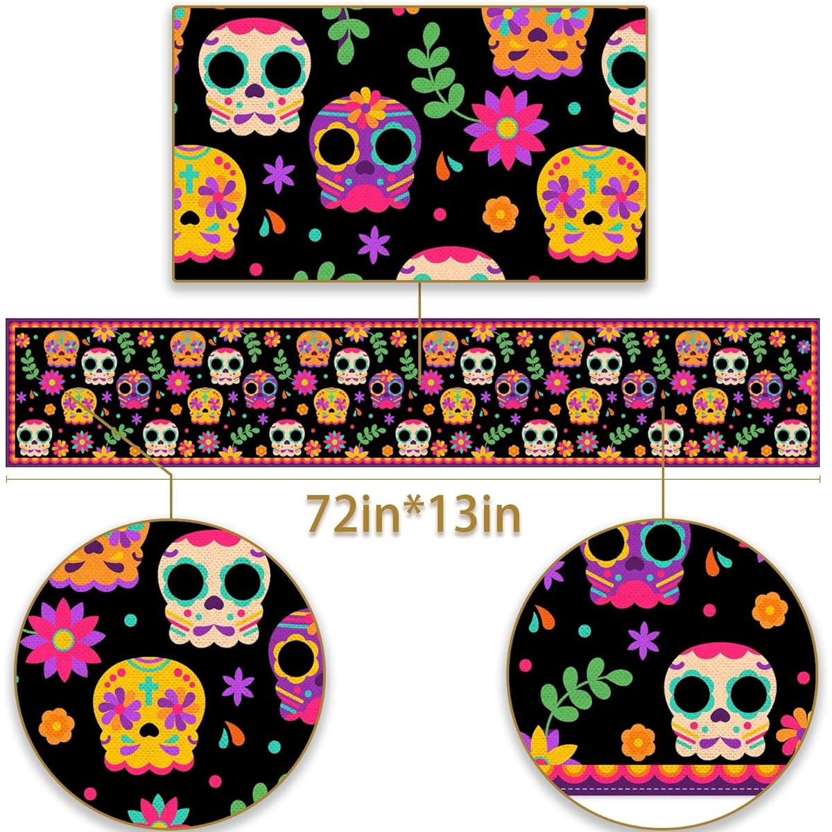 Pudodo Day of the Dead Table Runner Sugar Skull Dia de los Muertos Tablecloth Mexican Holiday Party Kitchen Dining Room Home Decorations (13" x 72")