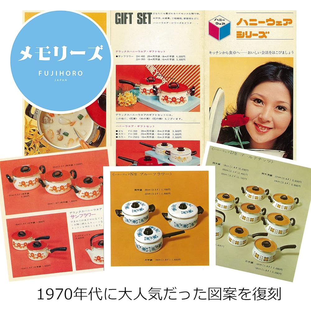 Fuji Enamel 70's Reprint Pattern Showa Retro Enamel Two Hand Pot Casserole 20cm IH Compatible Ovenable Memories Gold Nuts