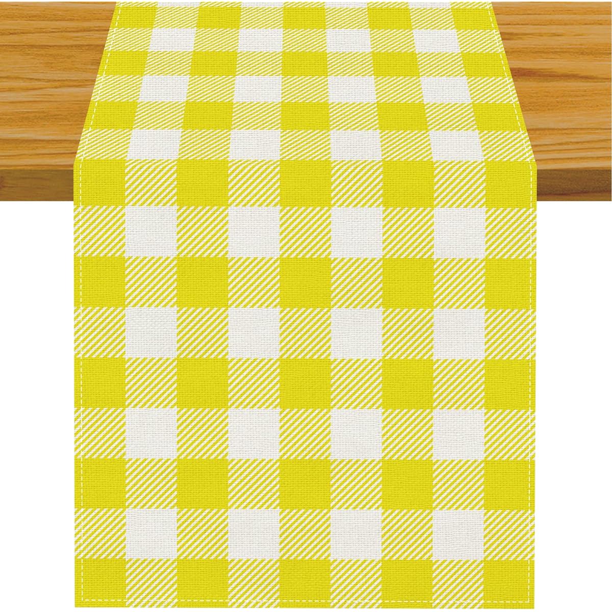 Linen White and Black Buffalo Check Plaid Table Runner Farmhouse Spring Summer Lemon Sunflower Bee Pineapple Sunshine Table Decorations 13x72 Inch (Yellow and White)