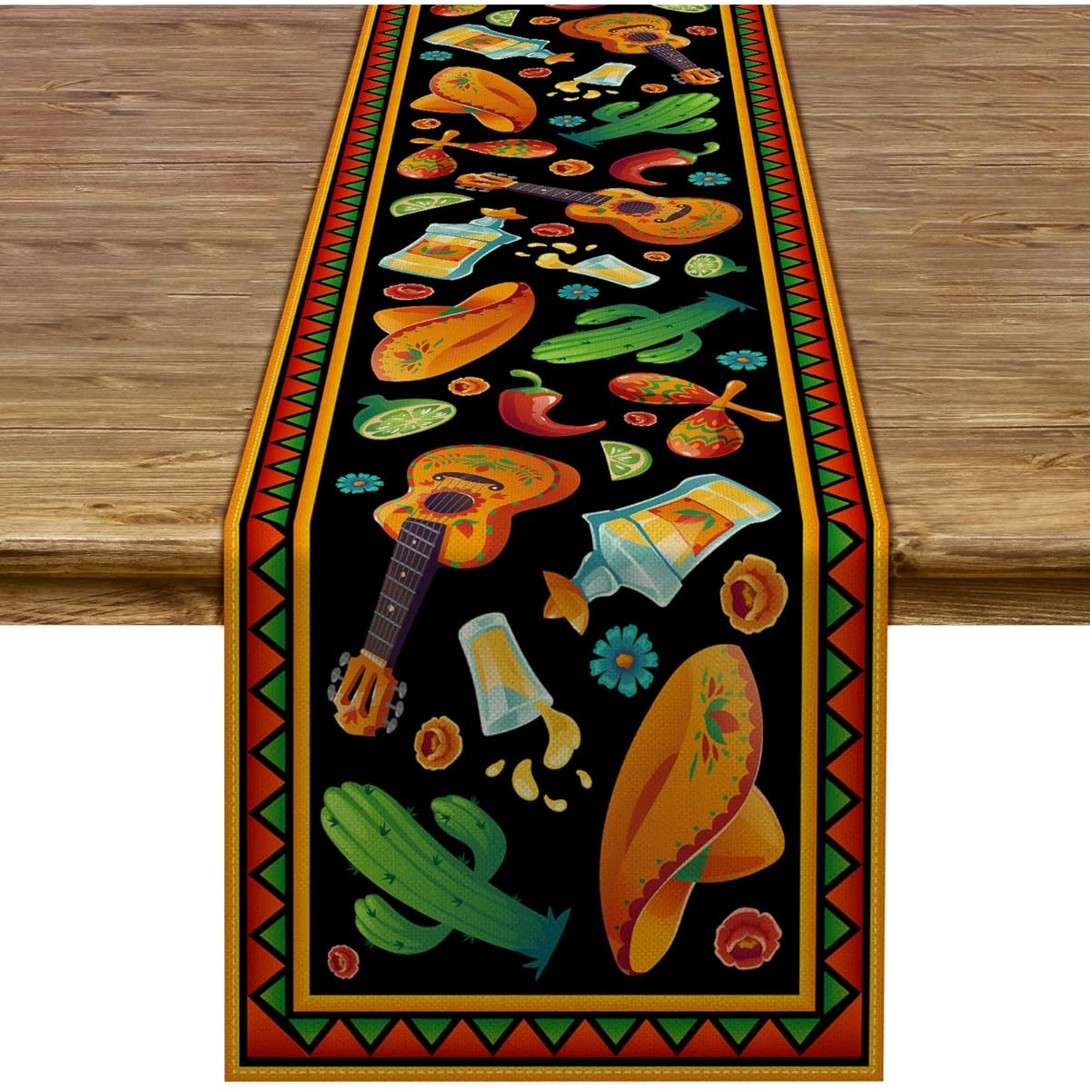 Pudodo Cinco de Mayo Table Runner Cactus Sombrero Guitar Mexican Fiesta Theme Holiday Party Kitchen Dining Home Decoration