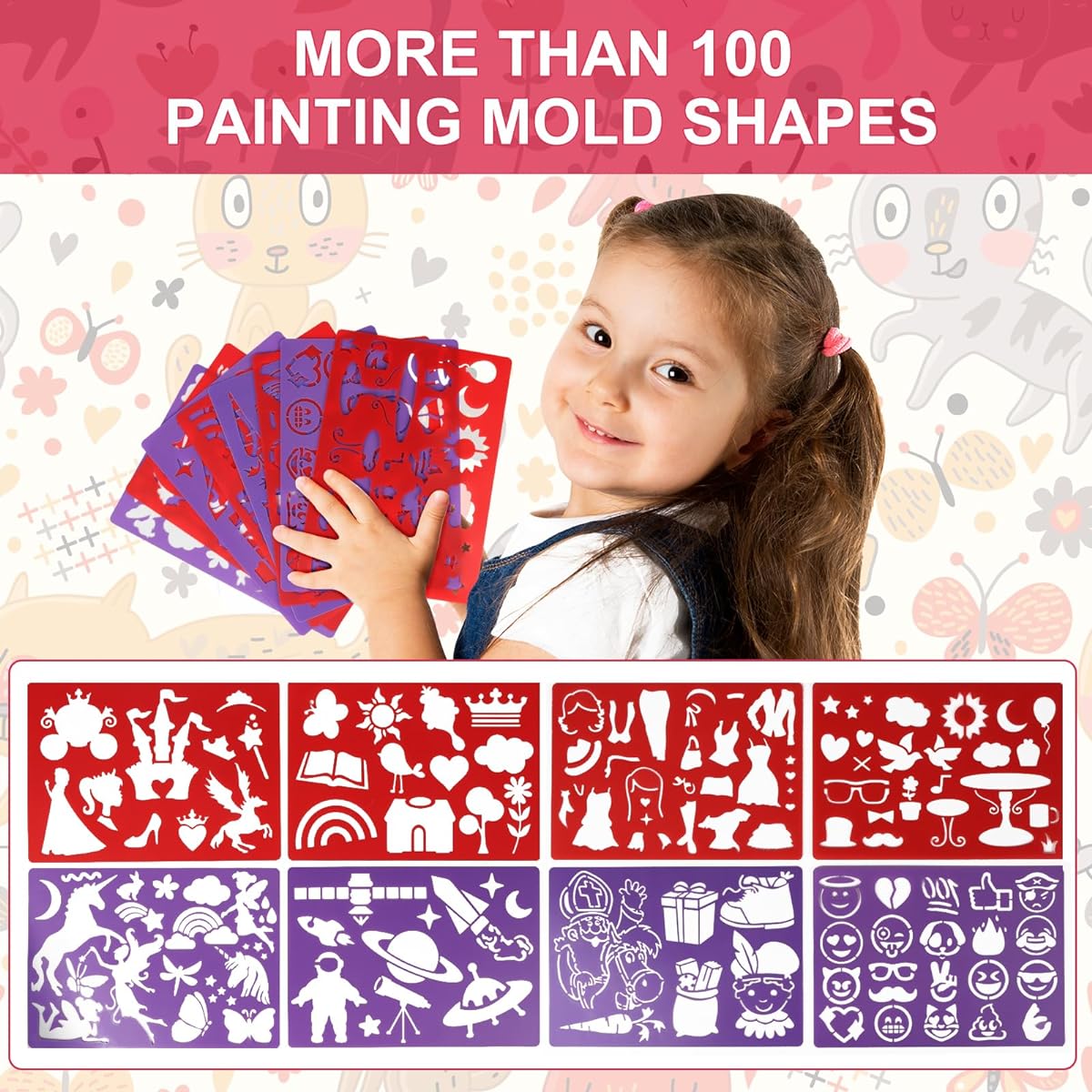 Erasable Doodle Book Set for Kids, 14 Pages Portable Reusable Drawing Board with 100+ Drawing Templates, Kids Travel Activity Book for Toddlers Activities, Travel, Learning (Cat Pink)