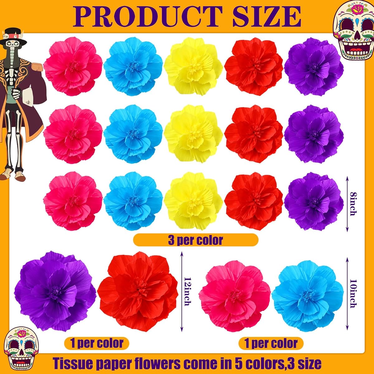 Hsei 19pcs Mexican Paper Flowers Mexican Flower Decorations Crepe Paper Flowers Fiesta Paper Flowers for Cinco de Mayo Carnival Party Backdrop Day of the Dead Decorations Wedding Crafts (8/10/12 inch)