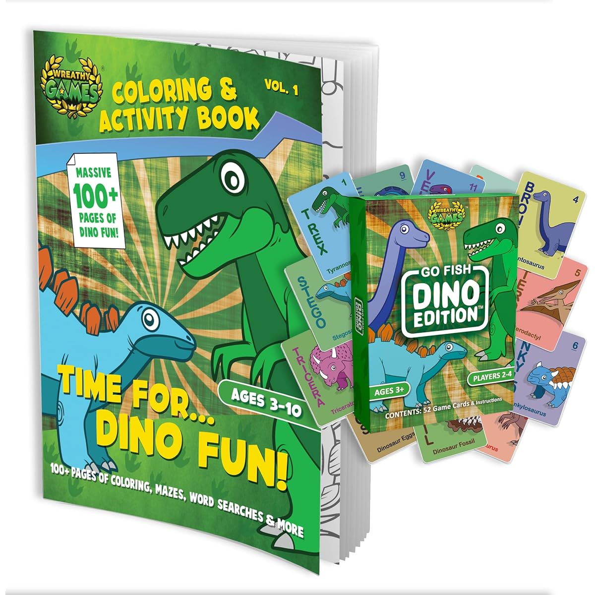 Wreathy Games Bundle - 2 Items: Go Fish: Dino Edition Card Deck & Time for...Dino Fun 100+ Page Coloring Activity Book for Ages 3-10