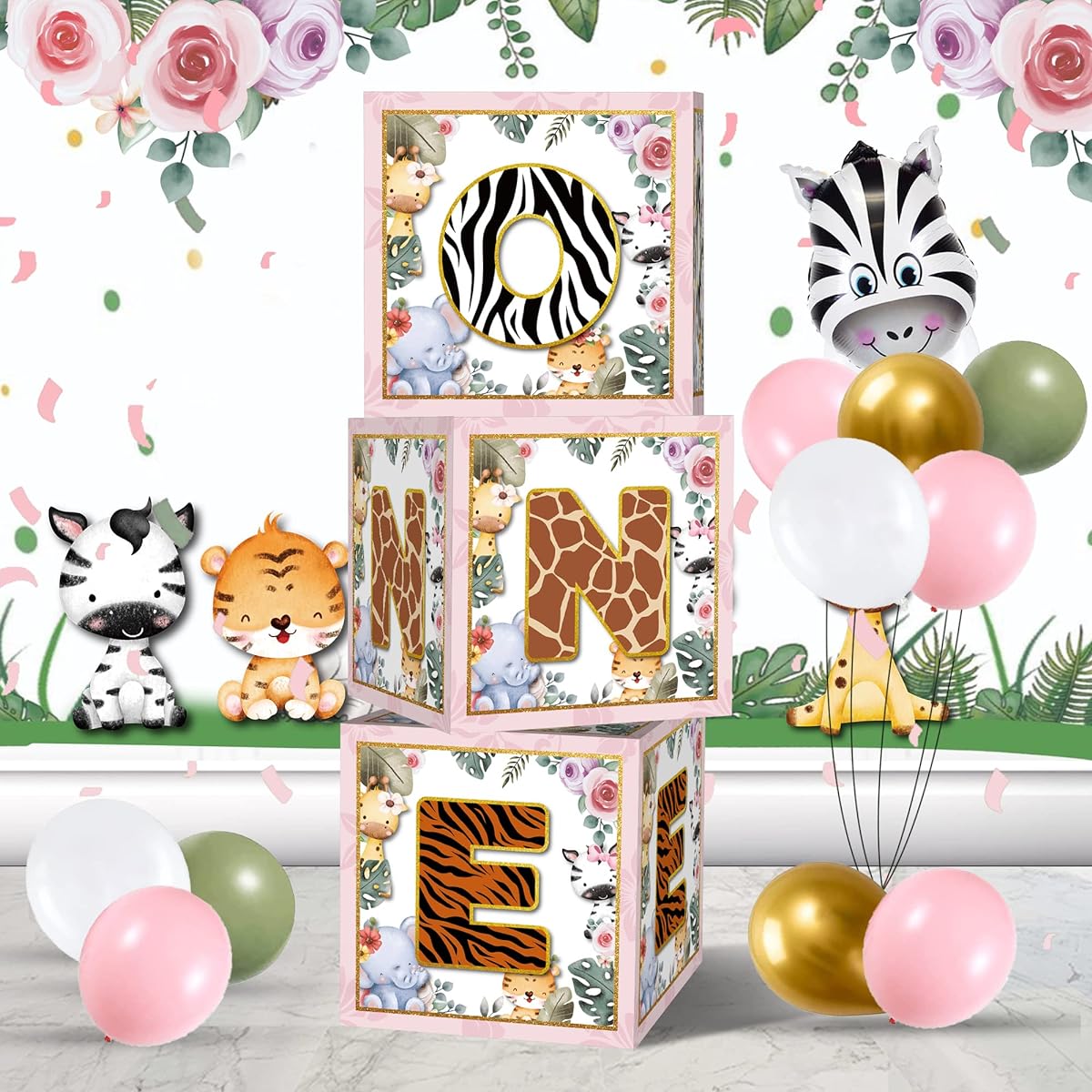 Wild One Balloon Box 1st Birthday Party Supplies Jungle Safari Animals Wild One Birthday Decorations Baby's First Birthday Wild One Party Decorations (Pink)