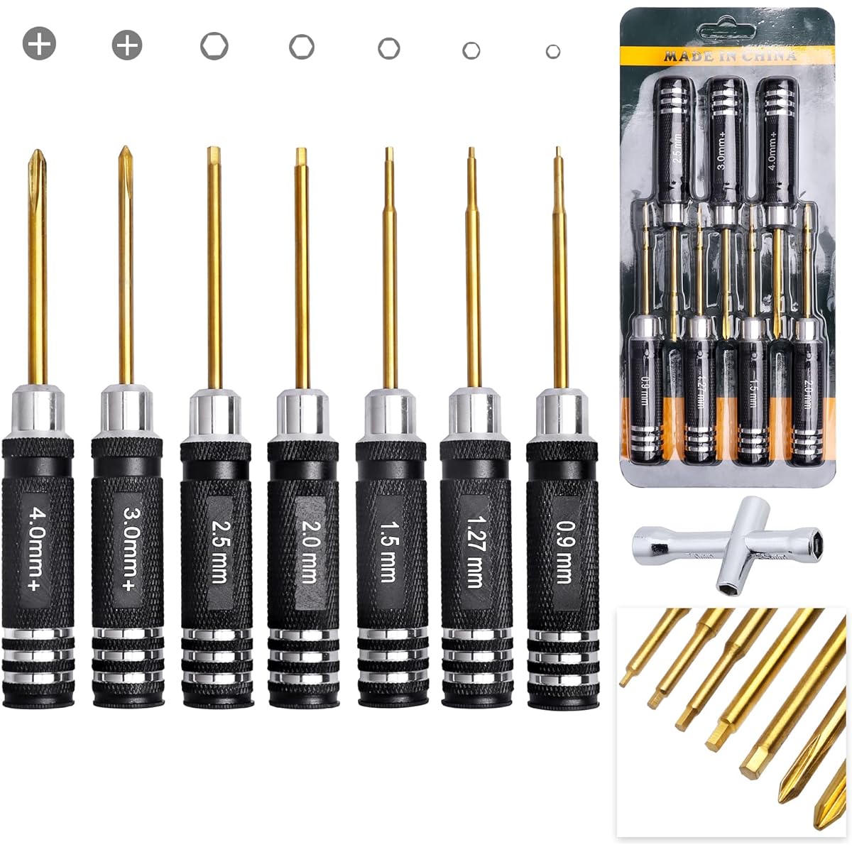 AllinRC Hex Driver 0.9mm 1.27mm 1.5mm 2mm 2.5mm Phillips Head Driver 3mm 4mm & Cross Wrench for Traxxas Axial SCX24 Redcat WLtoys 1/16 1/18 1/24 RC Truck Crawler