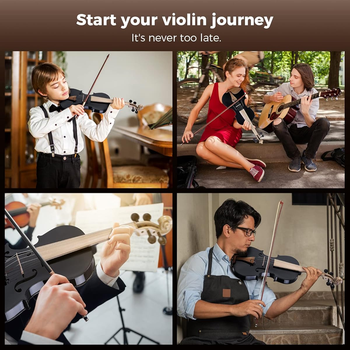 Asmuse 4/4 Violin Set Solid Wood with Rosin Tuner Shoulder Rest Wipe Bow Instruction Manual (Black)
