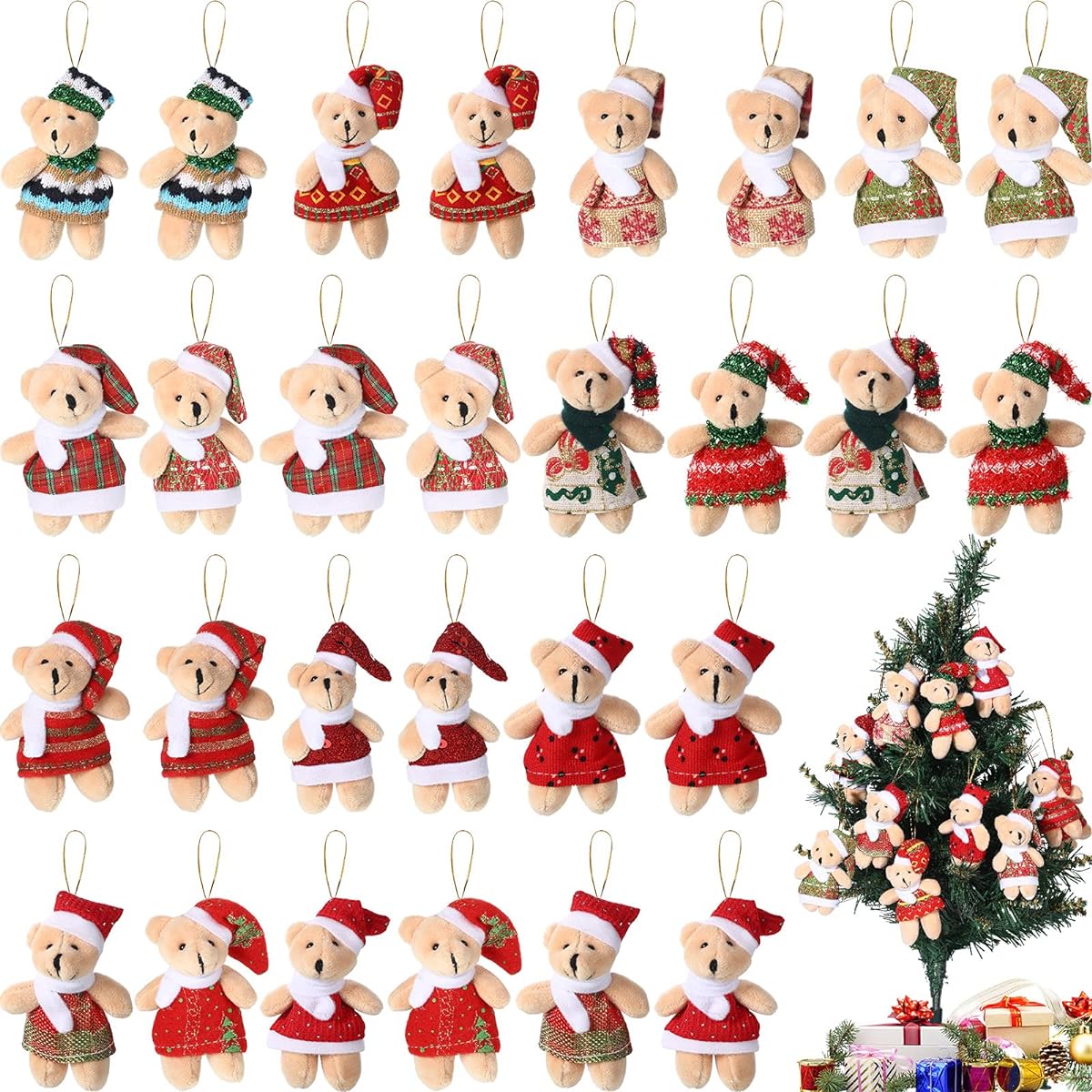 28pcs 3inch Christmas Joint Mini Bear Stuffed Animals Small Bear Dolls for Christmas Tree Decorations Christmas Stockings Birthday Cake Wedding Valentine's Party Favors Keychain