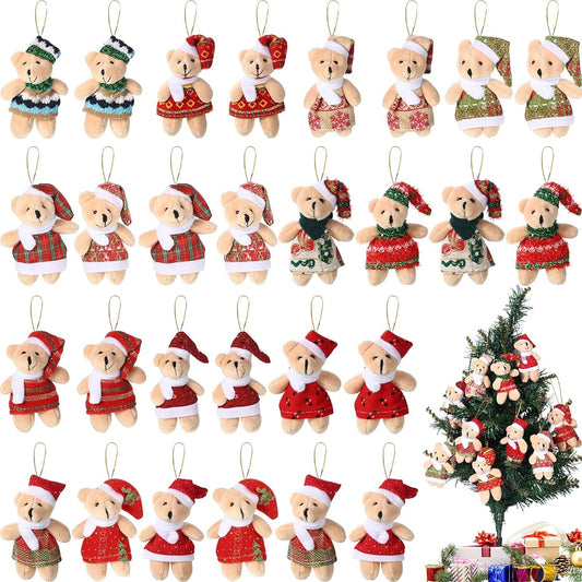 28pcs 3inch Christmas Joint Mini Bear Stuffed Animals Small Bear Dolls for Christmas Tree Decorations Christmas Stockings Birthday Cake Wedding Valentine's Party Favors Keychain