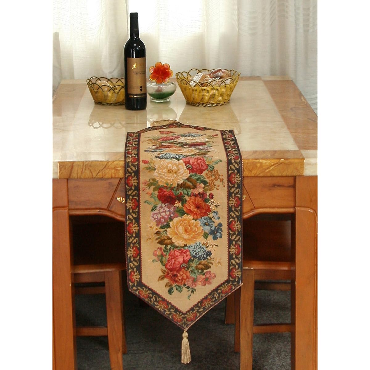 Tache Home Fashion Colorful Floral Country Rustic Morning Awakening Tapestry Table Runner 13Wx67L Beige COMINHKPR65446
