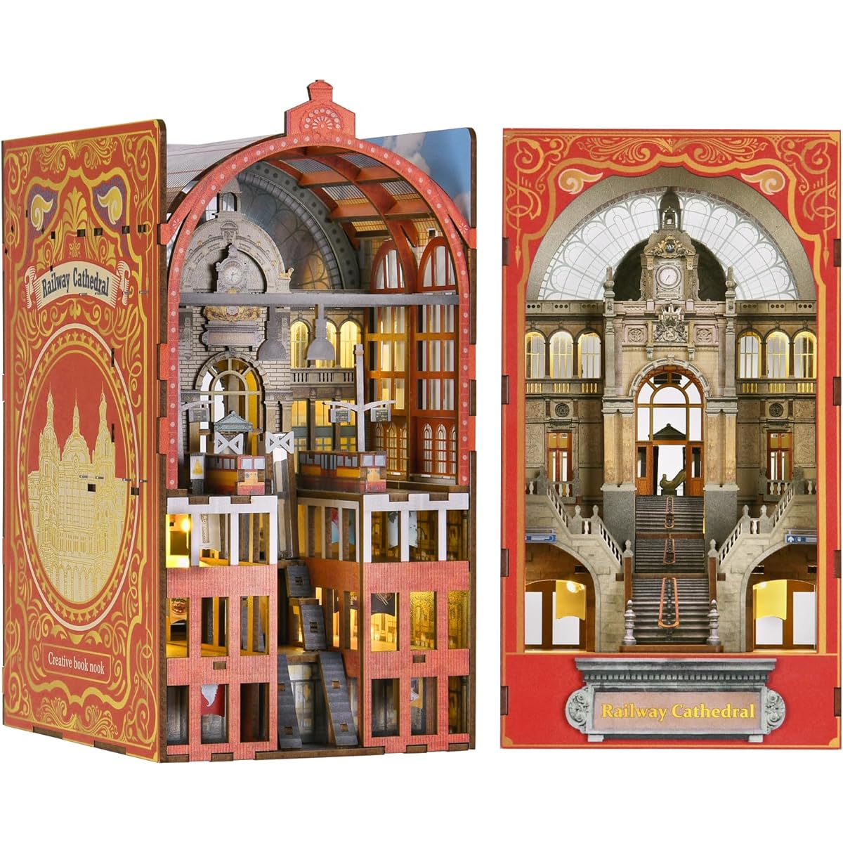 Book Nook Kit, DIY Miniature Dollhouse Book Nook Kit, 3D Wooden Puzzle Bookends Bookshelf Inserts Decor with LED Lights for Teens and Adults (Railroad Cathedral)