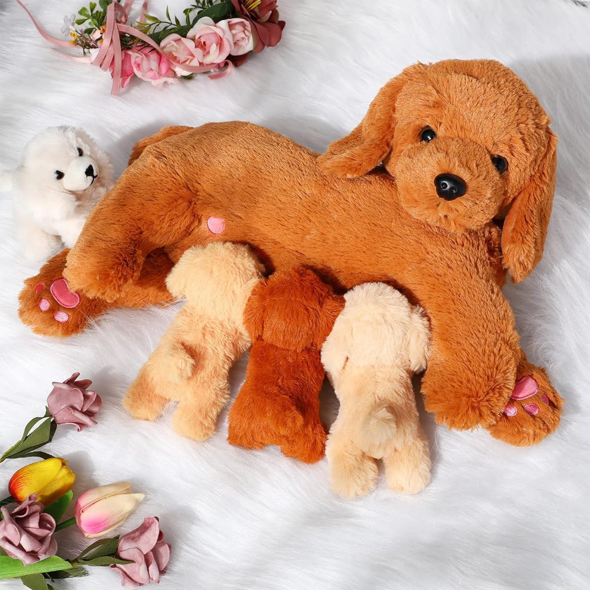 HyDren Nurturing Dog Stuffed Animal Set - Soft Cuddly Golden Retriever Plush Toy Nursing Mommy Dog with 4 Babies for Kids Birthday Graduation Party Favors Gift (Golden Retriever)