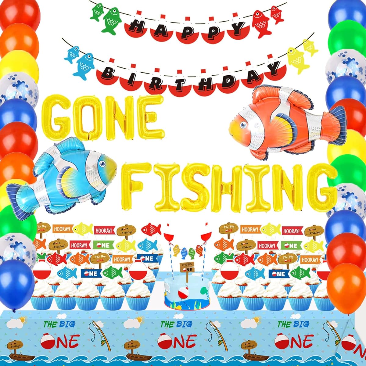 Gone Fishing First Birthday Party Supplies,Gone Fishing Balloons,Little Fisherman Banner,Big One Cake Topper,O Fish Ally One Cupcake Toppers,Fishing Theme 1st Birthday Party Supplies Decorations