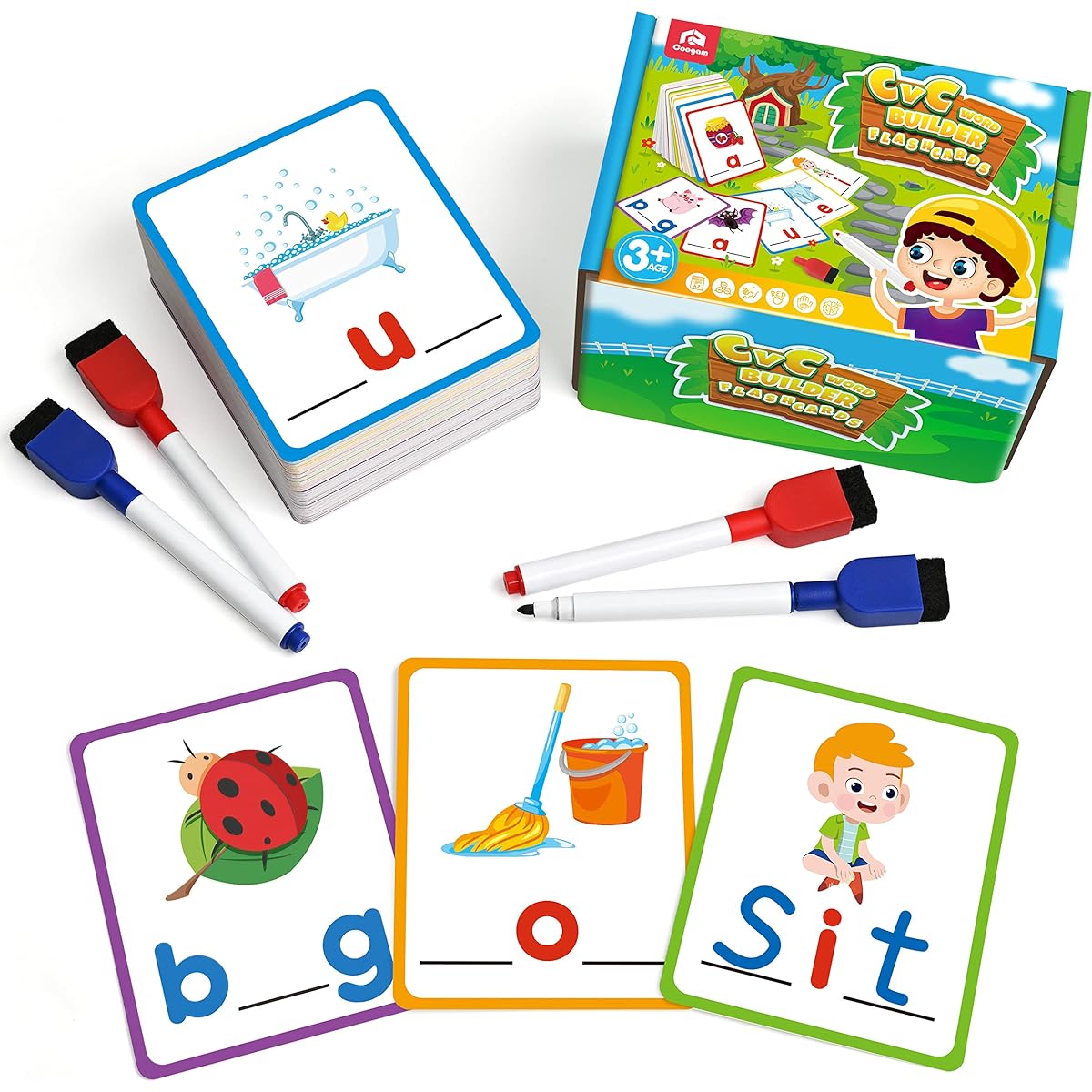 Coogam CVC Sight Words Flash Cards, Short Vowel Spelling Game, Preschool Kids Learning Sight Words Supplies, Montessori Educational Writing Reading Toy Gift for Ages 3 4 5