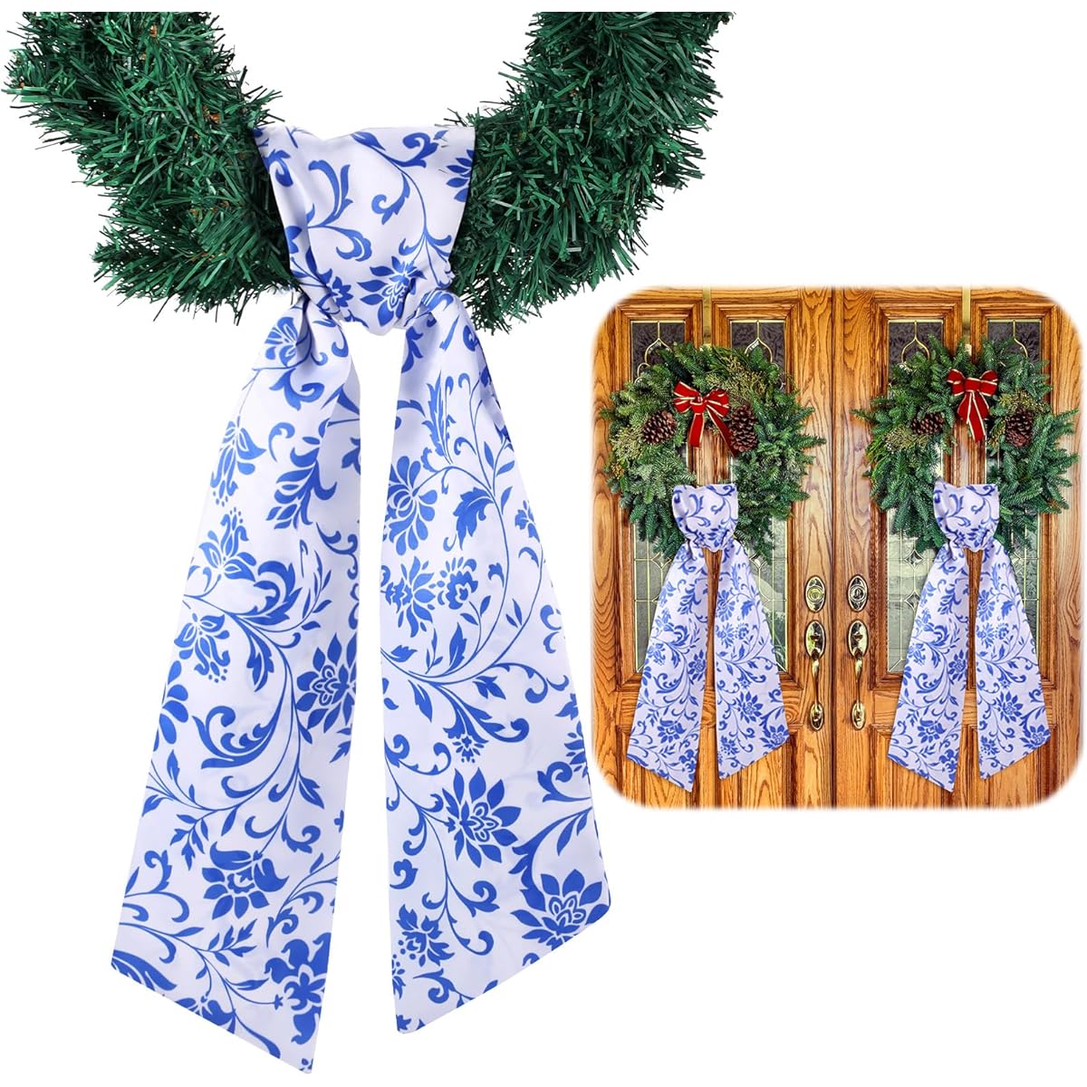 VitalCozy 2pcs Independence Day Wreath Sash for Front Door Chinoiserie Patriotic Wreath Sash Embroidered Wreath Accessories Monogram Outdoor Indoor Party Yard Doorway 4.5" W x 56" L (Chinoiserie)