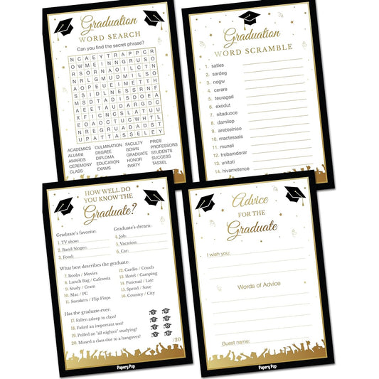 2023 Graduation Party Games - Set of 4 for 30 Guests - Double-Sided Cards - Graduation Party Supplies