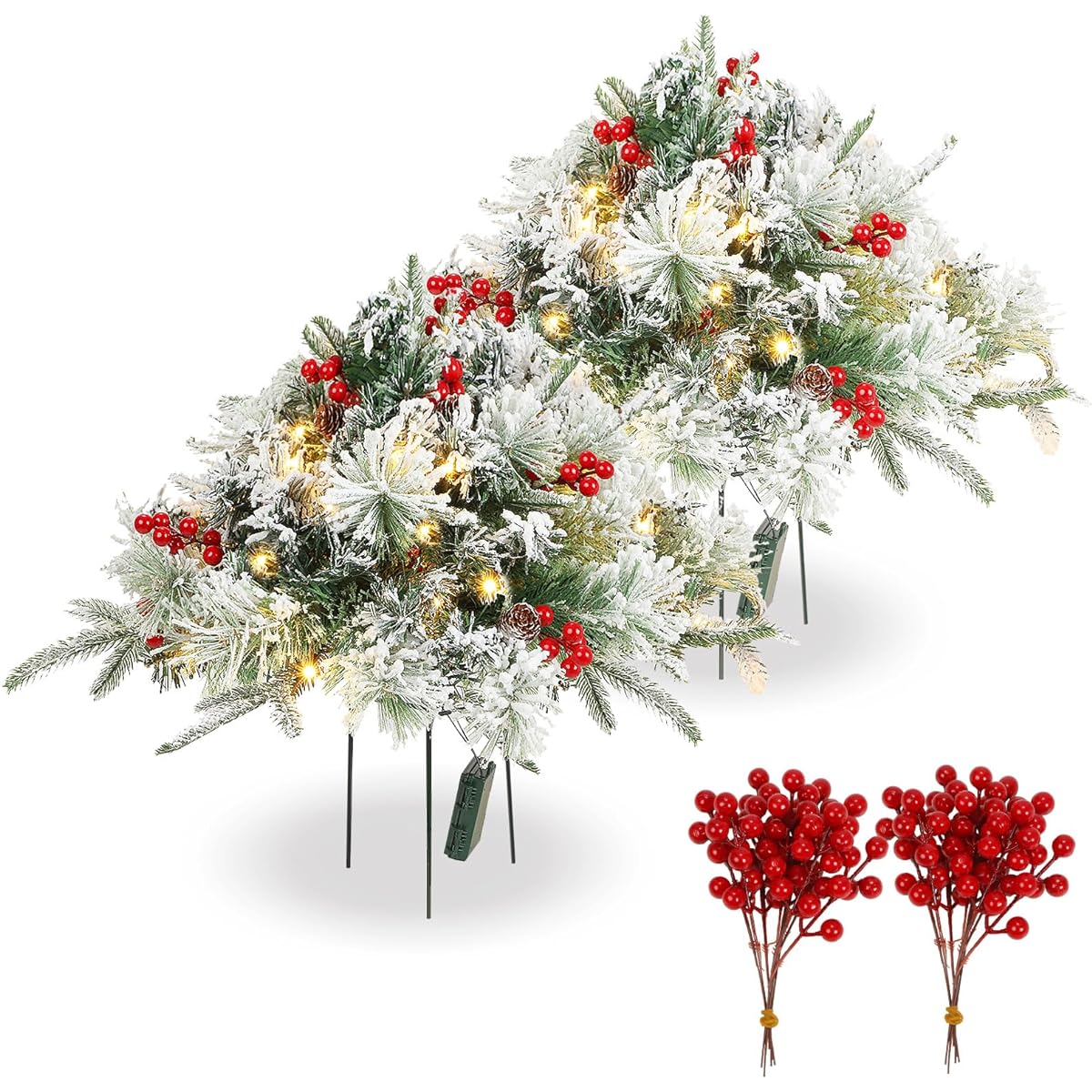 Tigeen 2 Pieces 22 Inch Lighted Artificial Christmas Tree Urn Pre-Lighted Christmas Tree with Cone and Red Berry 20 Pieces Artificial Red Berry Stem Holiday Outdoor Home Decoration (Snow Version)
