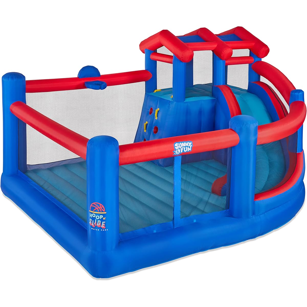 Sunny & Fun Inflatable Hoop and Slide Park - Heavy Duty for Outdoor Fun - Climbing Wall, Slide, Bounce House, Basketball Hoop - Easy to Set Up and Inflate, Includes Air Pump & Carry Case