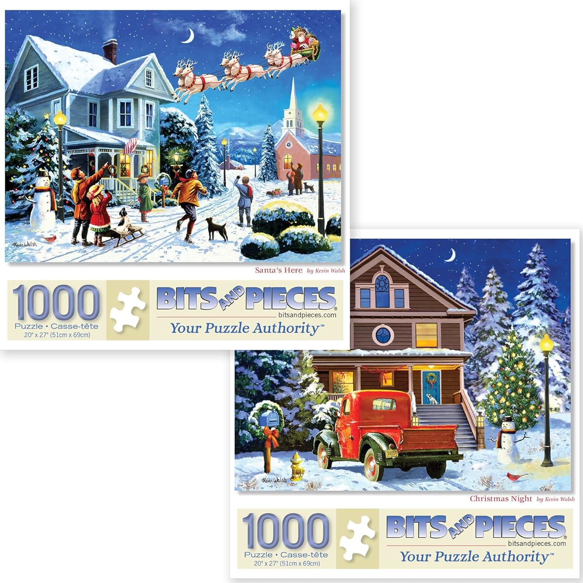 Bits and Pieces - Great Value 2 Pack 1000 Piece Jigsaw Puzzle for Adults - Puzzle Dimensions 20" x 27" - 1000 Piece Santa's Here, Christmas Night - Holidays, Reindeer - Jigsaw Puzzle - By Artist Kevin Walsh