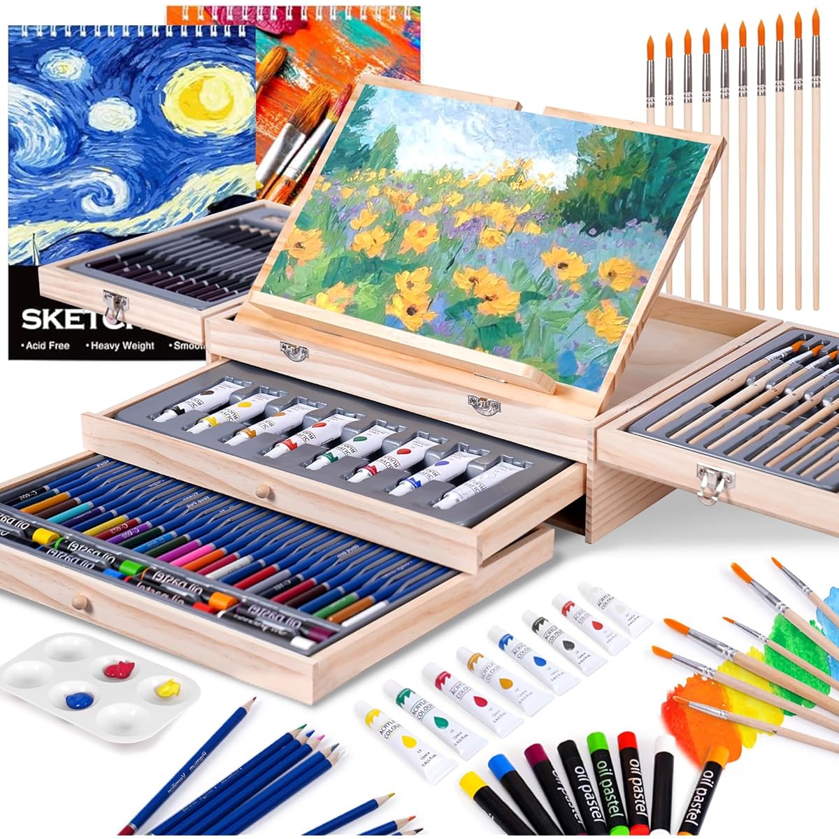 Art Set 85 Pieces Wooden Easel 2 Drawing Pads Portable Wooden Case Paint & Drawing Set Professional Art Kit