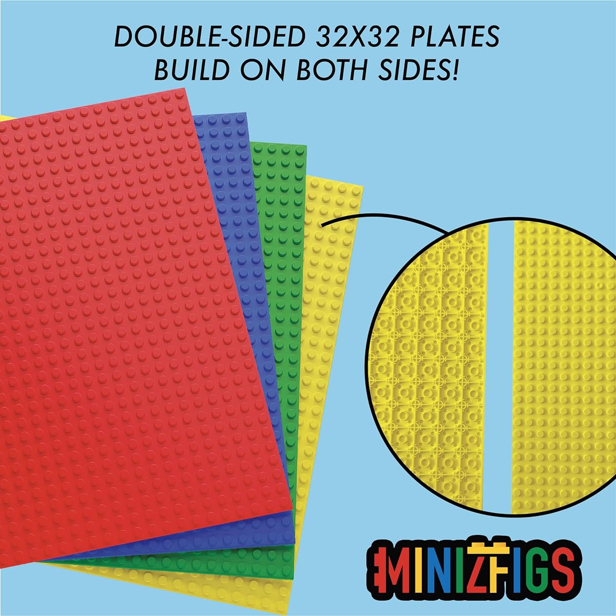 Minizfigs Classic 10" x 10" Double Sided Building Brick Plates Set of 4 for Toy Bricks Classroom Display Tables Fits All Major Brands Red, Green, Yellow, Blue