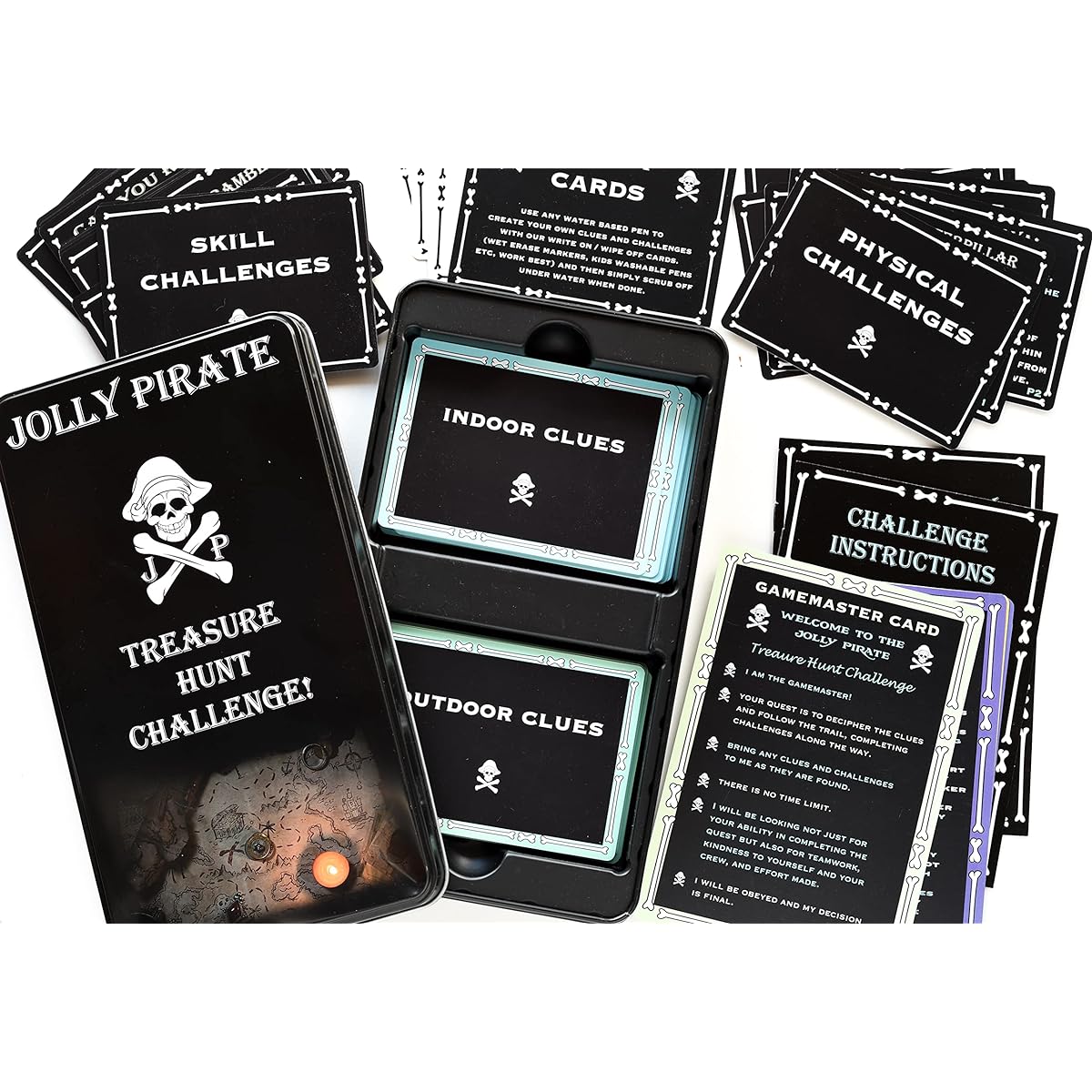 Jolly Pirate Scavenger Hunt Kids Card Game - Outdoor Indoor Treasure Hunt for Kids Ages 6-12 - Waterproof Cards with Tin Treasure Box