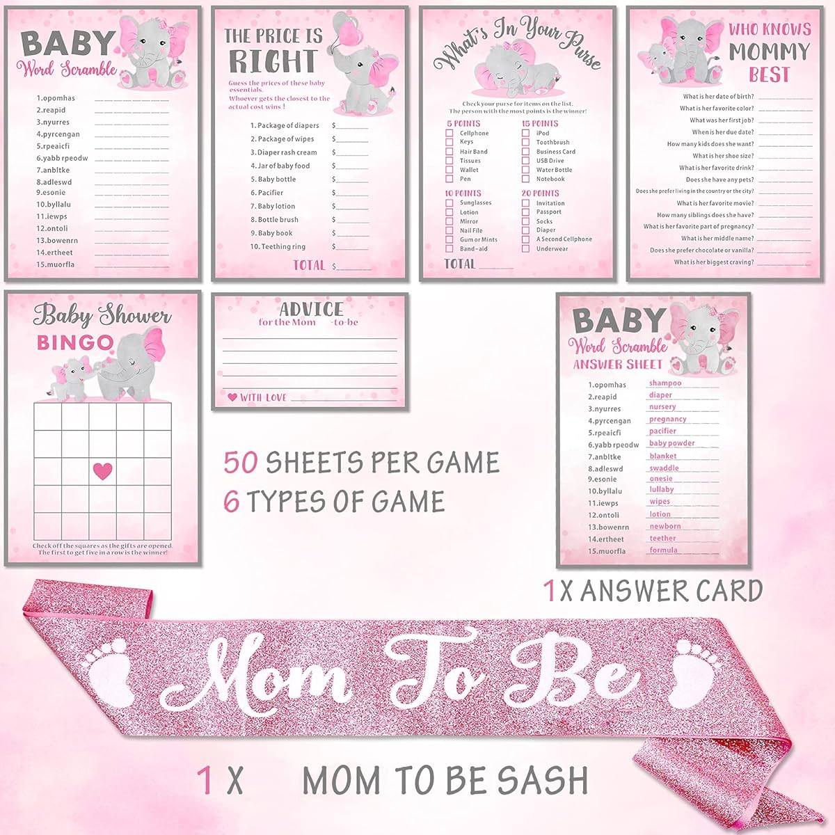 Pink Elephant Baby Shower Game Cards Mom To Be Sash Set of 6 Activities (50 Cards Each, 300 Cards Total) Pink and Grey Baby Shower Supplies Games Activities for Girls