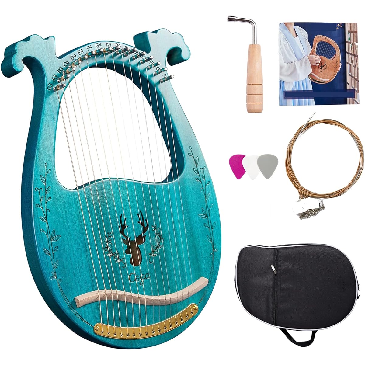 WowZza Harp Instrument 16 Metal String Lyre Harp Lyre Harp with Key Pick Extra Strings Black Gig Bag Tutorial Book Musical Instrument Yellow/Green