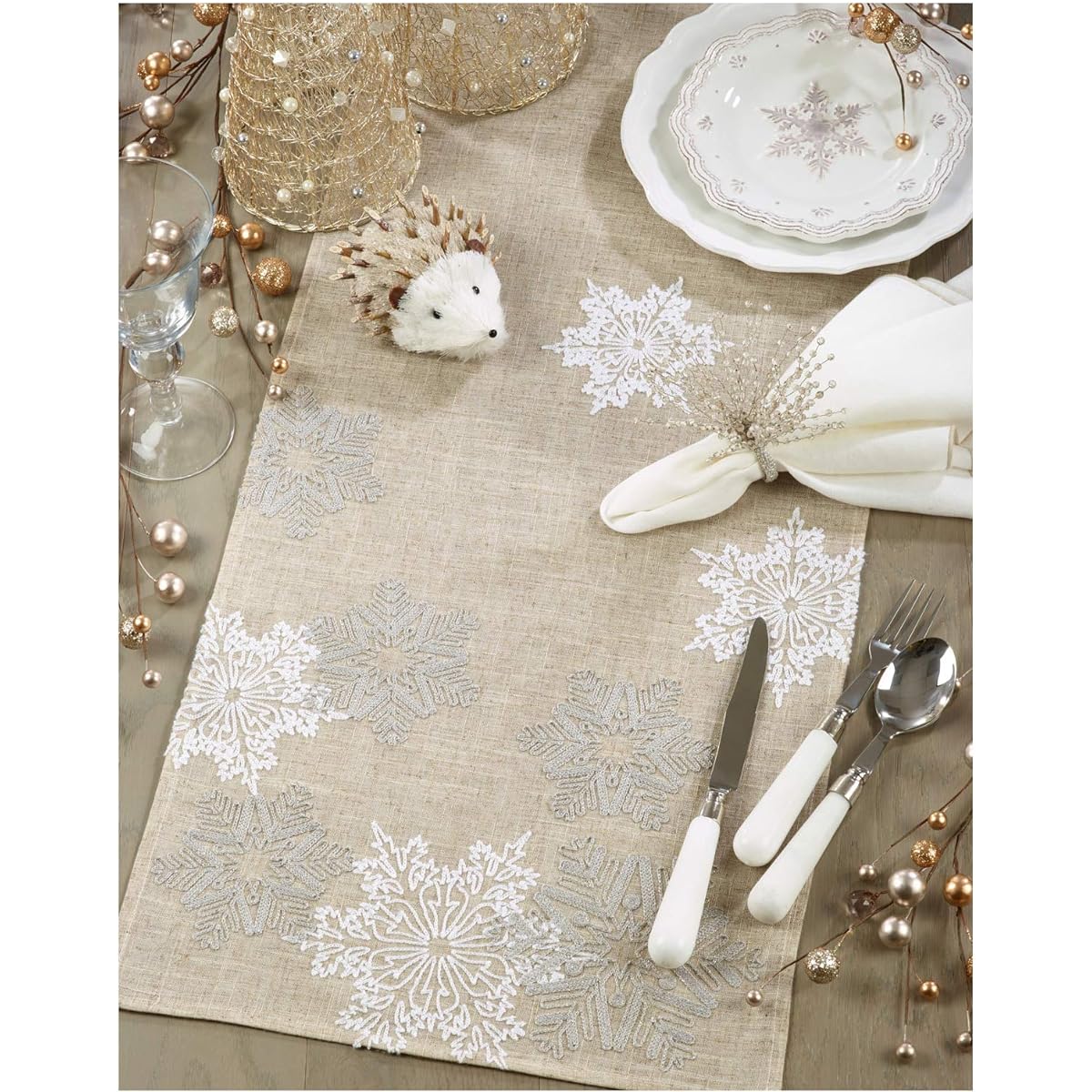 Natural Beige Embroidered Snowflake Table Runner 16" x 70" Rectangle 80% Polyester 20% Linen (1 Piece)