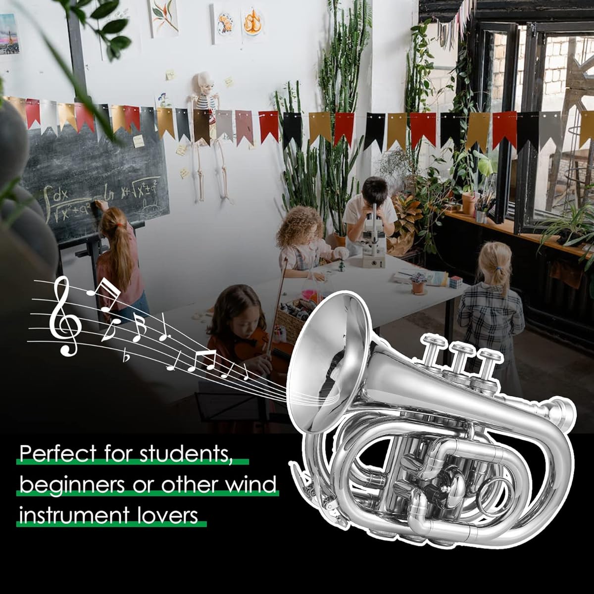 BUZHI Brass Trumpet Bb Trumpet Mini Pocket Trumpet with Mouthpiece Carry Bag Glove Cleaning Cloth Brass Instrument