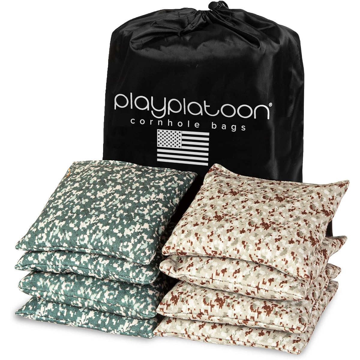 Set of 8 Weatherproof Cornhole Bean Bags - Regulation Size and Weight - 4 Army Camo & 4 Desert Digital Camo Cornhole Bags