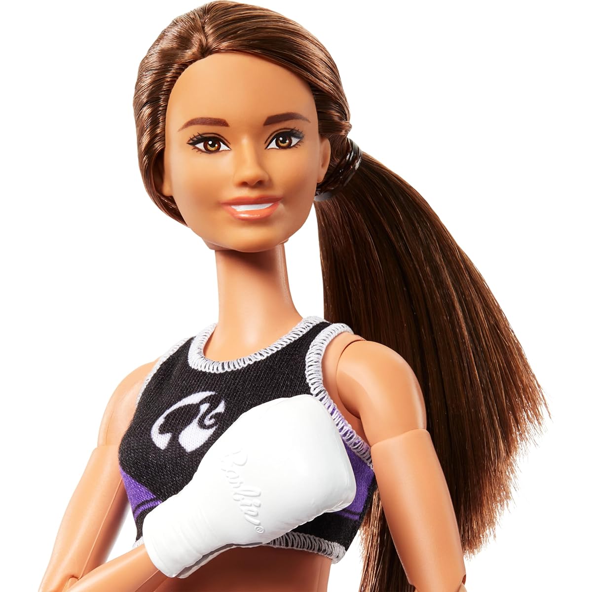Brunette boxer in removable uniform, boxing gloves and 22 bendable joints made to move Barbie doll & accessories.