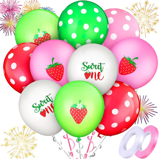 60pcs Strawberry Balloons, Strawberry Birthday Party Decorations, Sweet One Shortcake Balloons with 2 Rolls Ribbon for Kids Summer Fruit Party Supplies